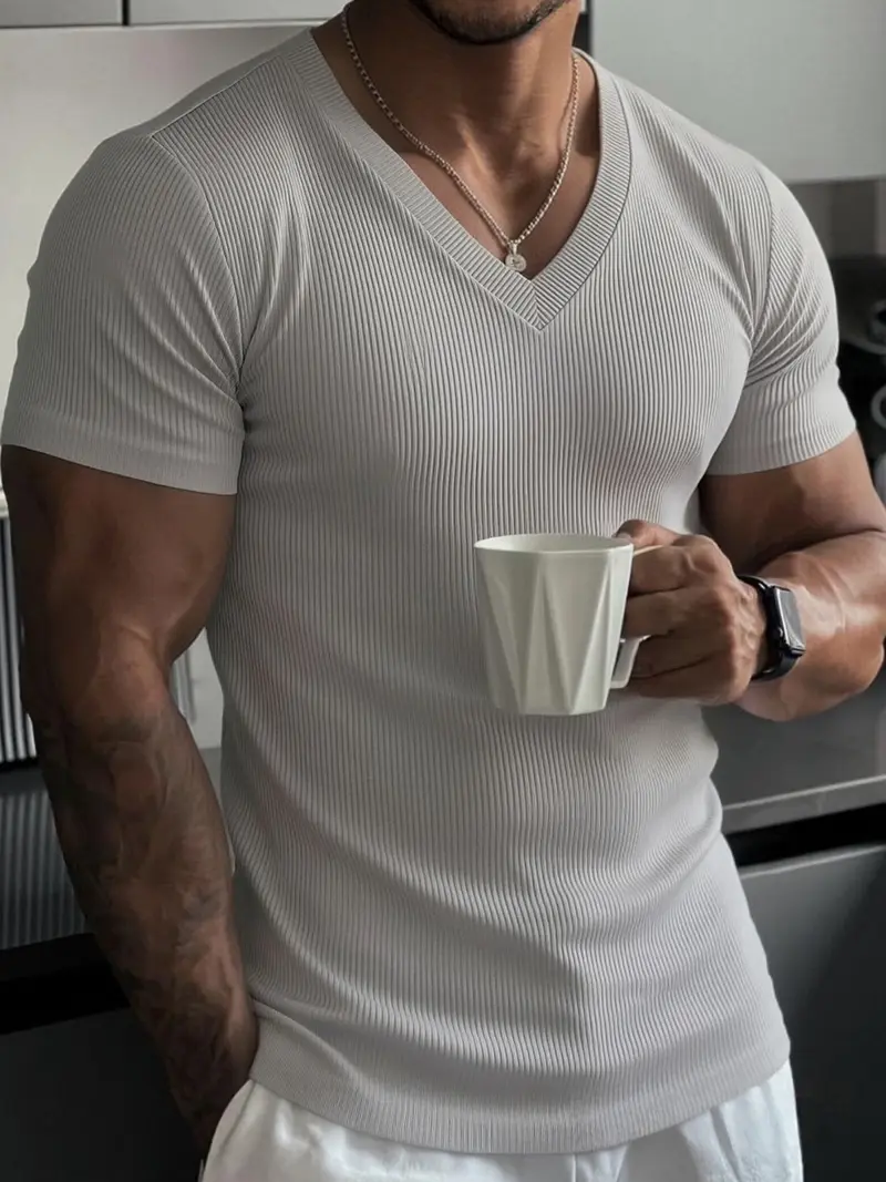 Men's summer plain-colored V-neck short-sleeved breathable fashionable streetwear