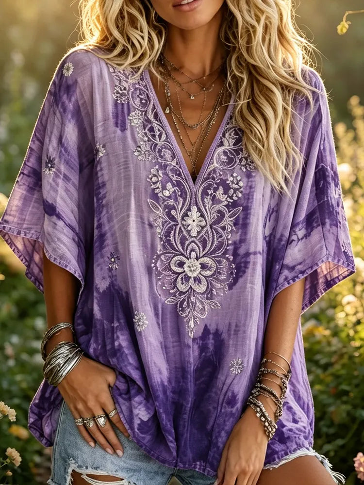 Women's Purple Tie-dye V-neck Blouse With White Floral Patterns