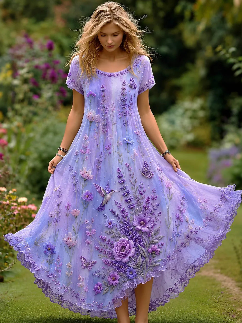 Women's Retro Hummingbird And Floral Tie Dye Print Comfortable Dress
