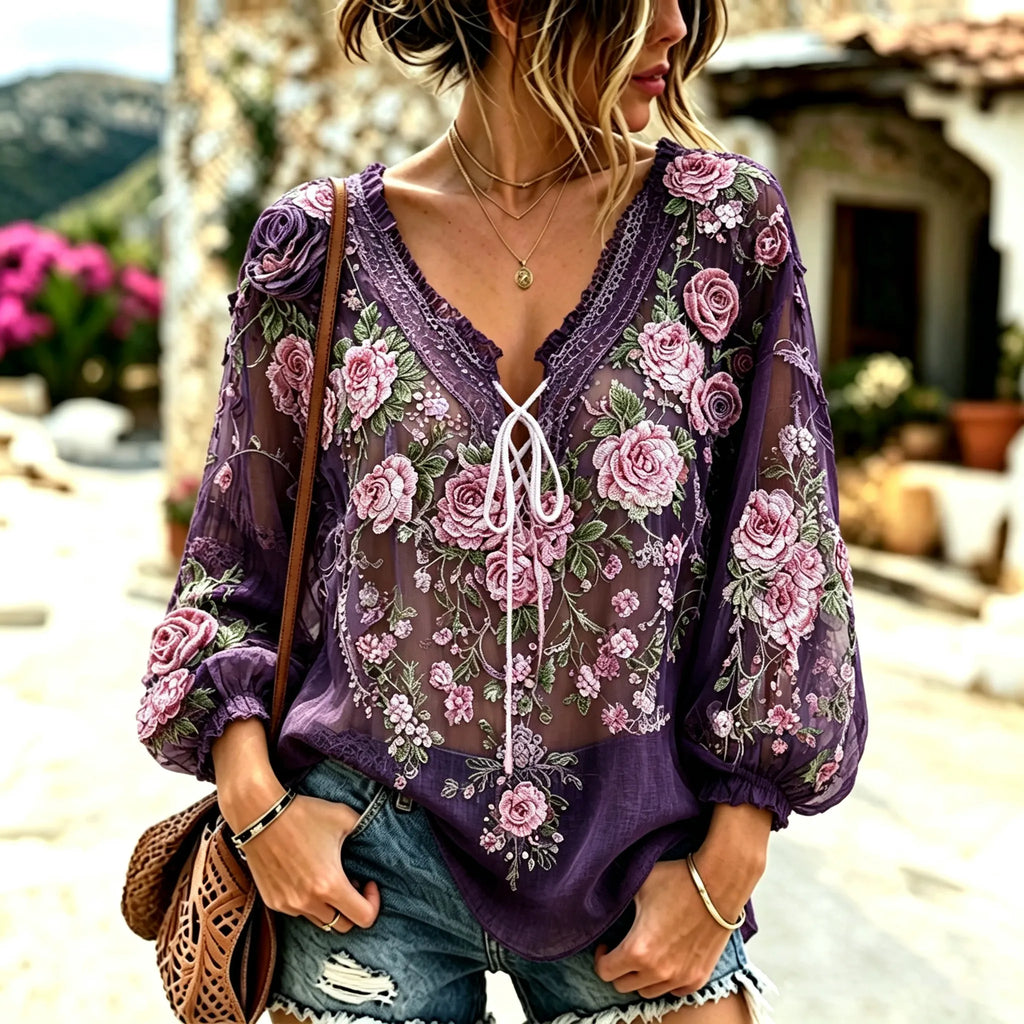 Women's Vintage Purple Floral Art Lace Up Linen Blend Blouse