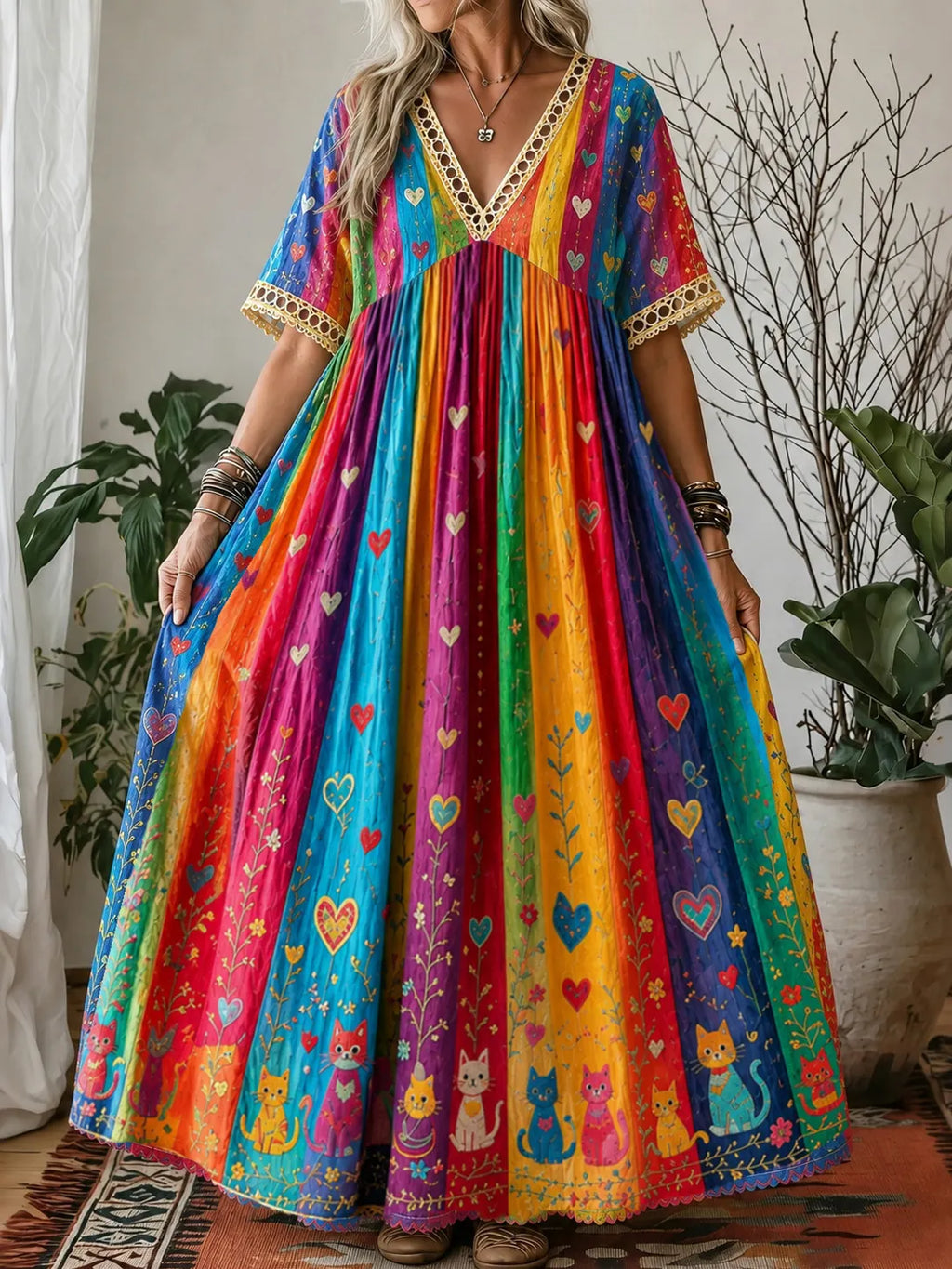 Women's Hippie Rainbow And Cat Pattern Linen Blend Maxi Dress