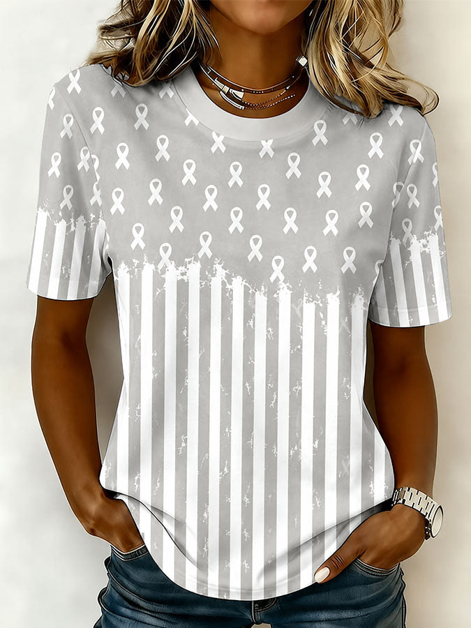 Women'S Pink Stripe Art Breast Cancer Awareness Print T-Shirt