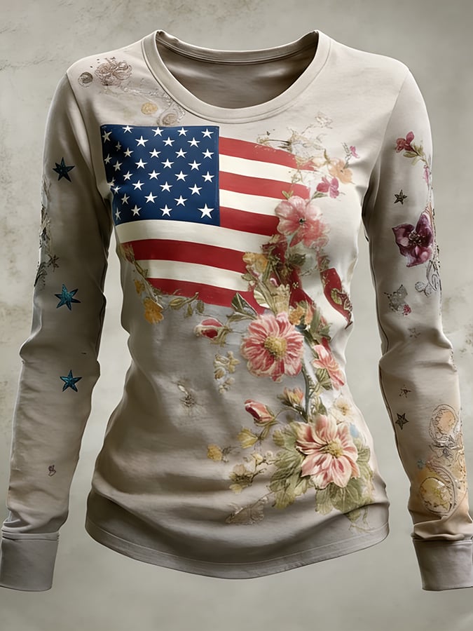 Women's 250th Anniversary American Flag Vintage Floral Print Long-Sleeve Top