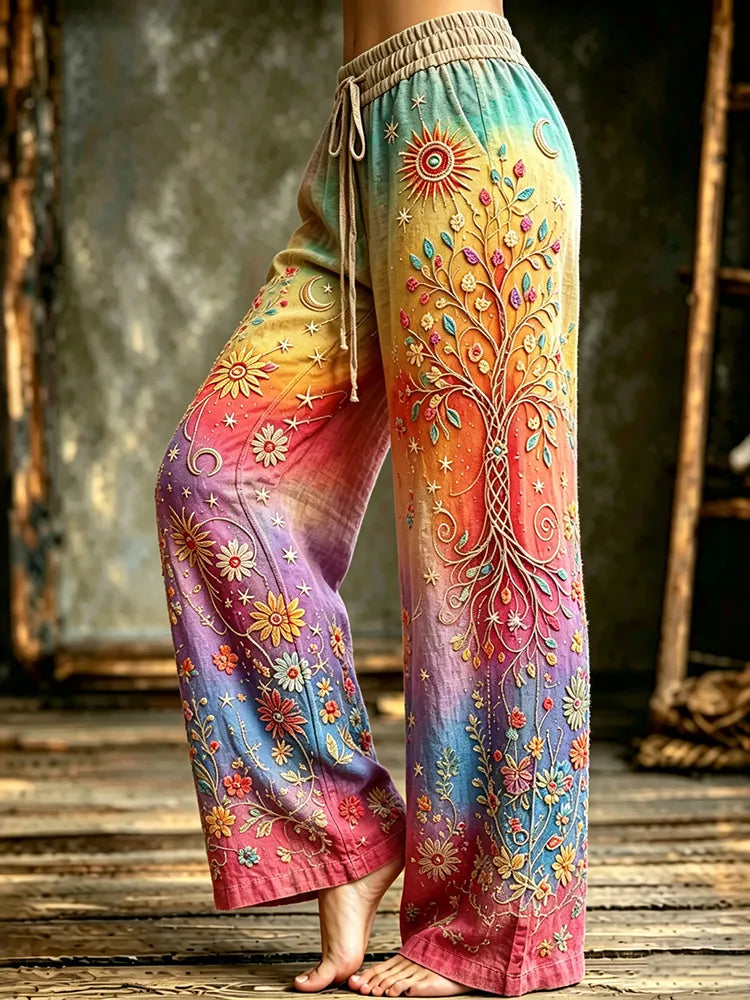 Women's Retro Hippie Life Of Tree  Floral Embroidery Art Pattern Linen Blend Pants