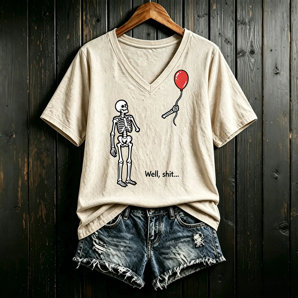 Women's Vintage Skeleton Lost Balloon Well Shit Funny Skeleton Graphic Print Casual T-shirt
