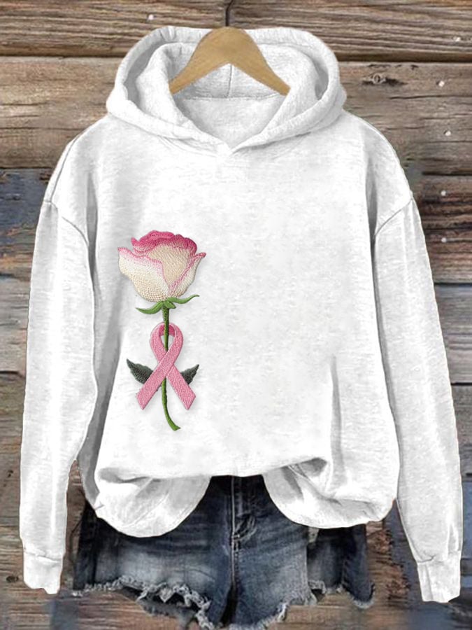 Women's Pink Breast Cancer Floral Print Hoodie
