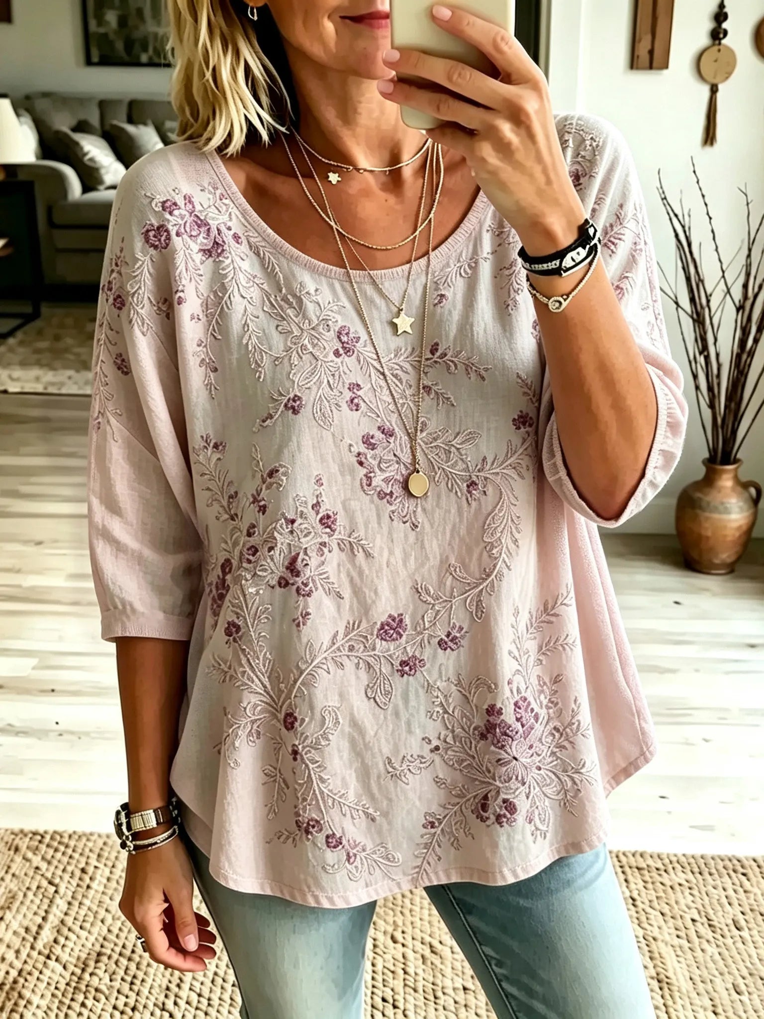 Women's Retro Floral Art Print Casual Cotton Linen Color Block Crew Neck T-shirt