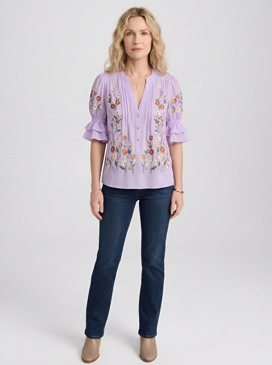 Women's Western Vintage Floral Embroidered Ruffle Sleeve Blouse