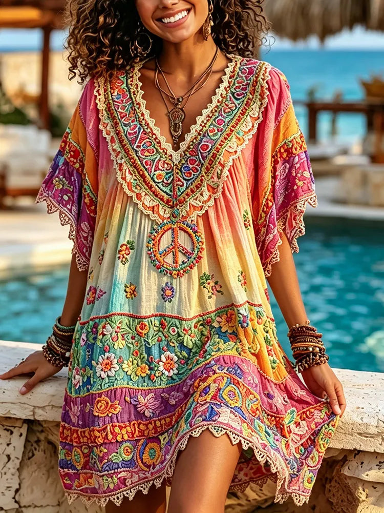 Women's Floral Peace Symbol Embroidered V-neck Short-sleeve Linen Blend Dress