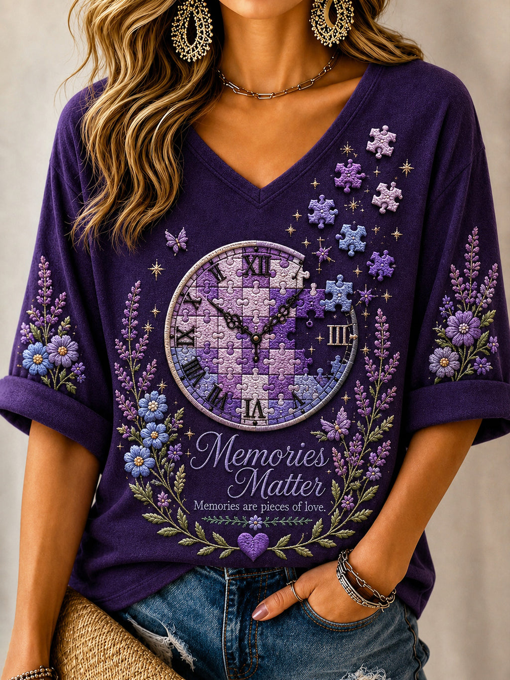 Women's Memory Care Art Clock Fragment Pattern Print Alzheimer's Awareness Support T-shirt