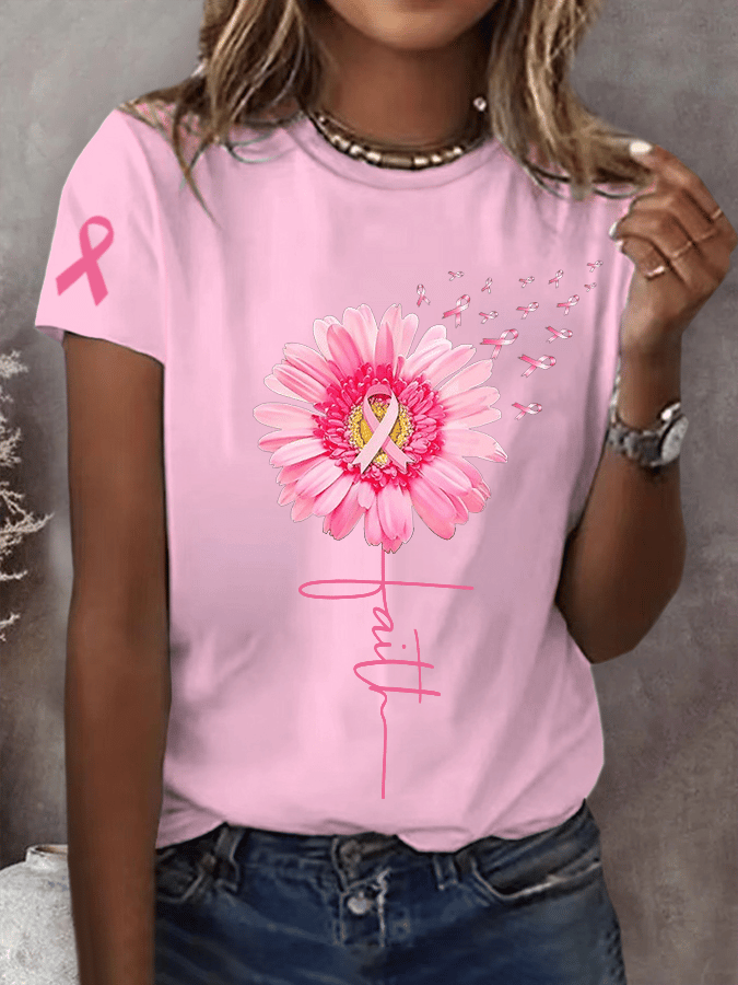 Women's Pink Daisy Faith Pink Ribbon Faith Hope Love Breast Cancer Awareness Print Round Neck Short Sleeve T-Shirt