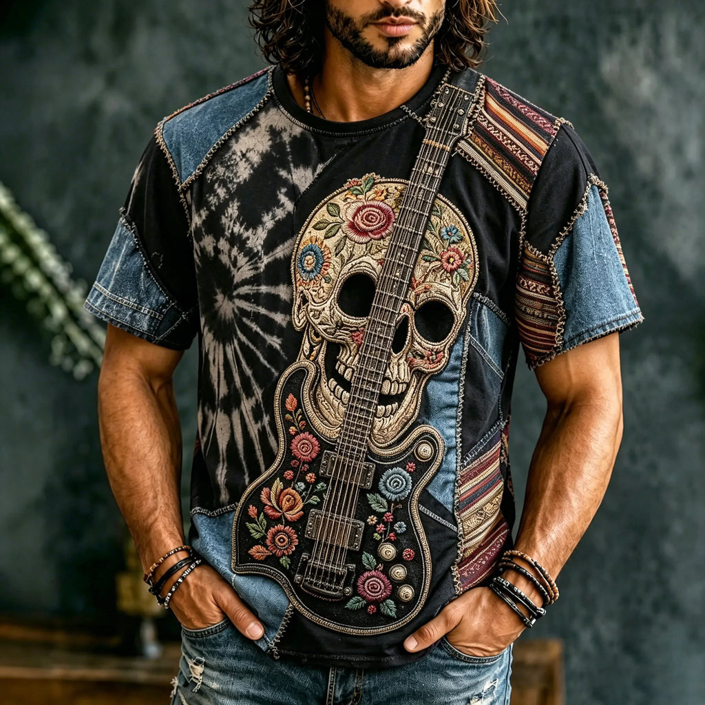 Men's Retro Hippie Flowers On The Skull With Music Patchwork Art Short Sleeve T-shirt