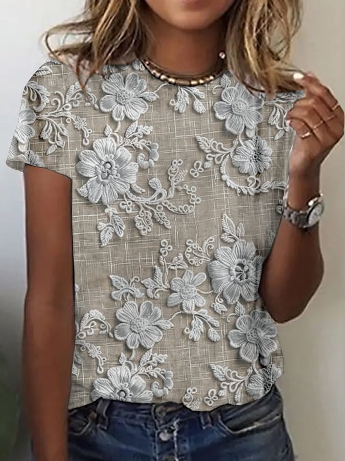 Women's floral lace embroidered print T-shirt
