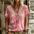 Women's Retro Floral Art Peace Symbol Embroidery Cotton Linen V-neck T-shirt