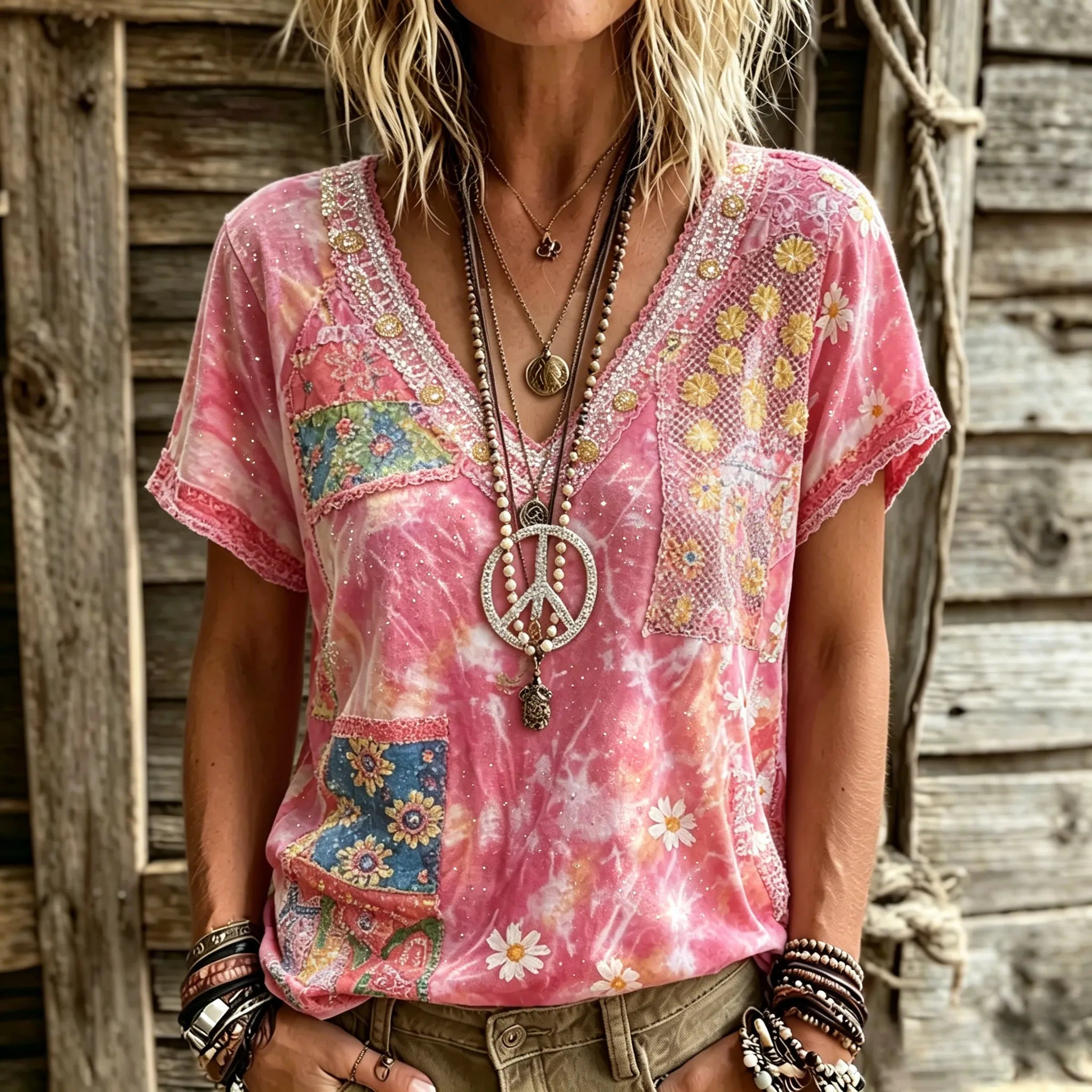 Women's Retro Floral Art Peace Symbol Embroidery Cotton Linen V-neck T-shirt
