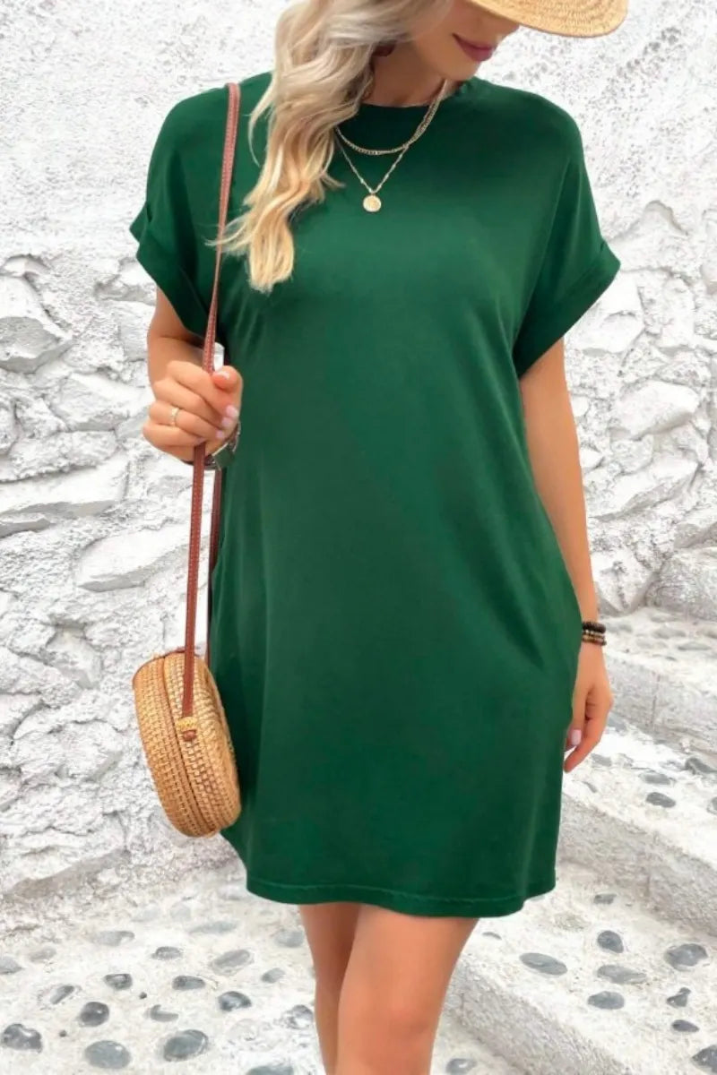 Casual Minimalist Round Neck Roll Up Sleeve Dress