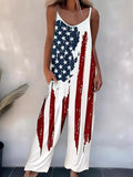 Women'S Independence Flag Print Casual Cotton Wide Leg Jumpsuit