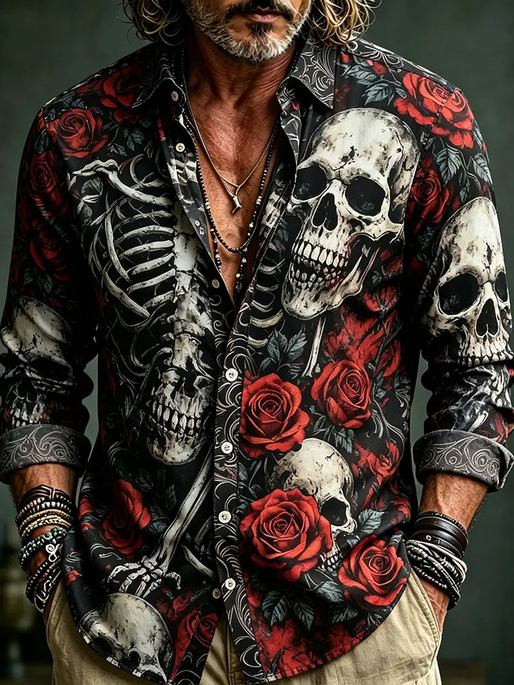 Men's Retro Vacation Rose Skull Print Long-sleeved Linen Shirt