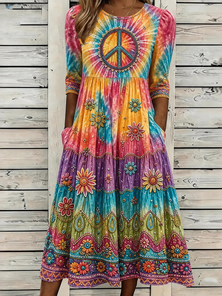 Women's Vintage Hippie Floral Embroidered Art Linen Blend Dress