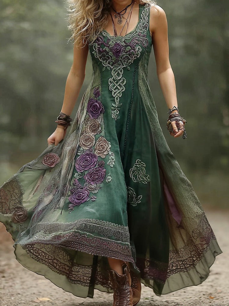 Women's Retro Viking Celtic And Purple Floral Patchwork Dress