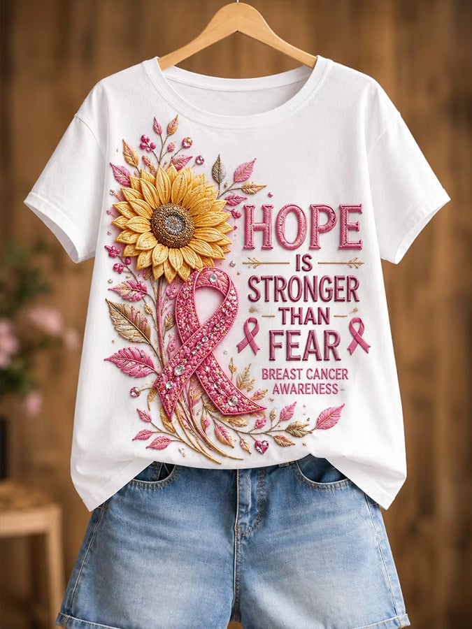 Women's Pink October Breast Cancer Awareness Month Print Casual T-Shirt