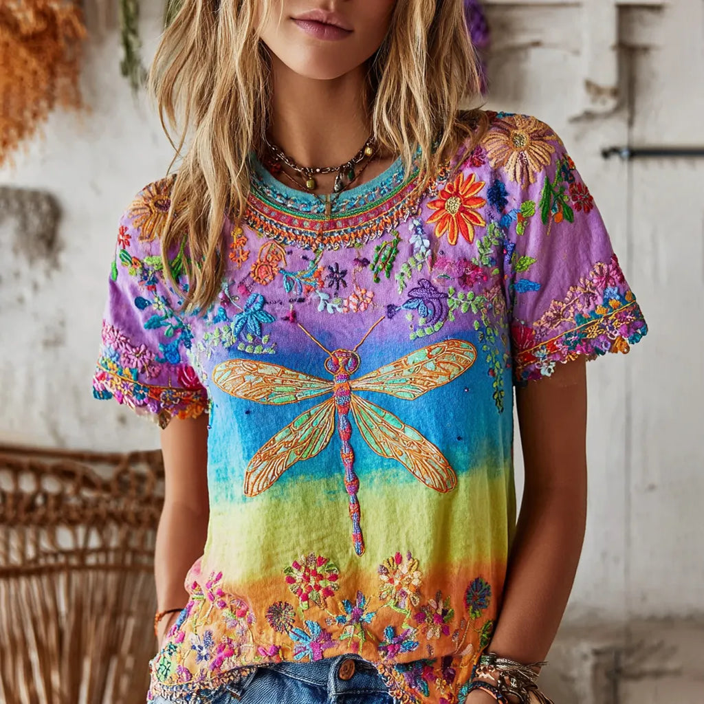 Women's Hippie Peace Floral Dragonfly Tie Dye Linen Blend Round Neck T-shirt