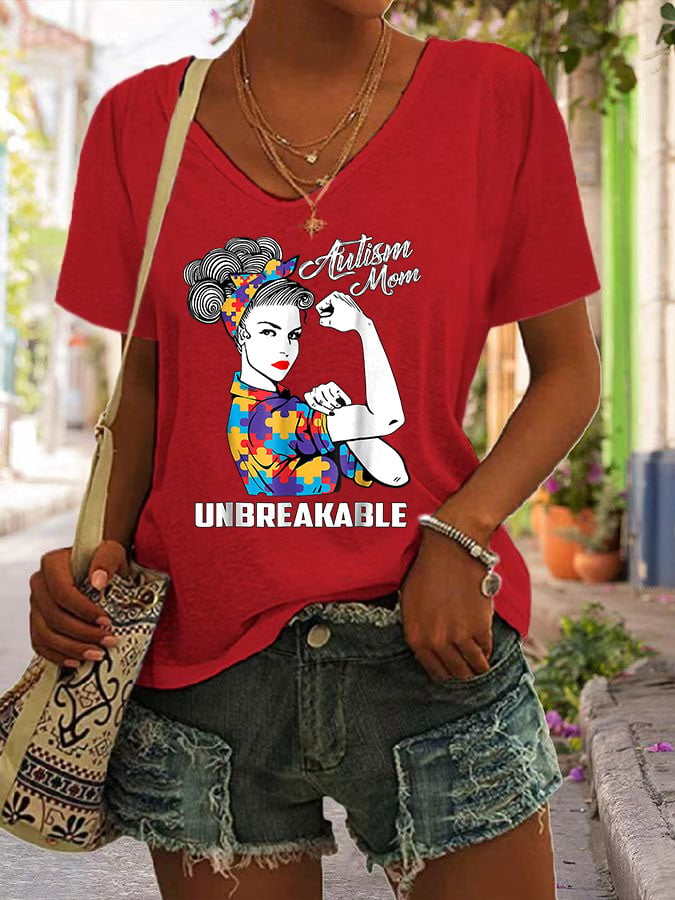 Women'S Autism Mom Unbreakable V Neck Short Sleeve T-Shirt