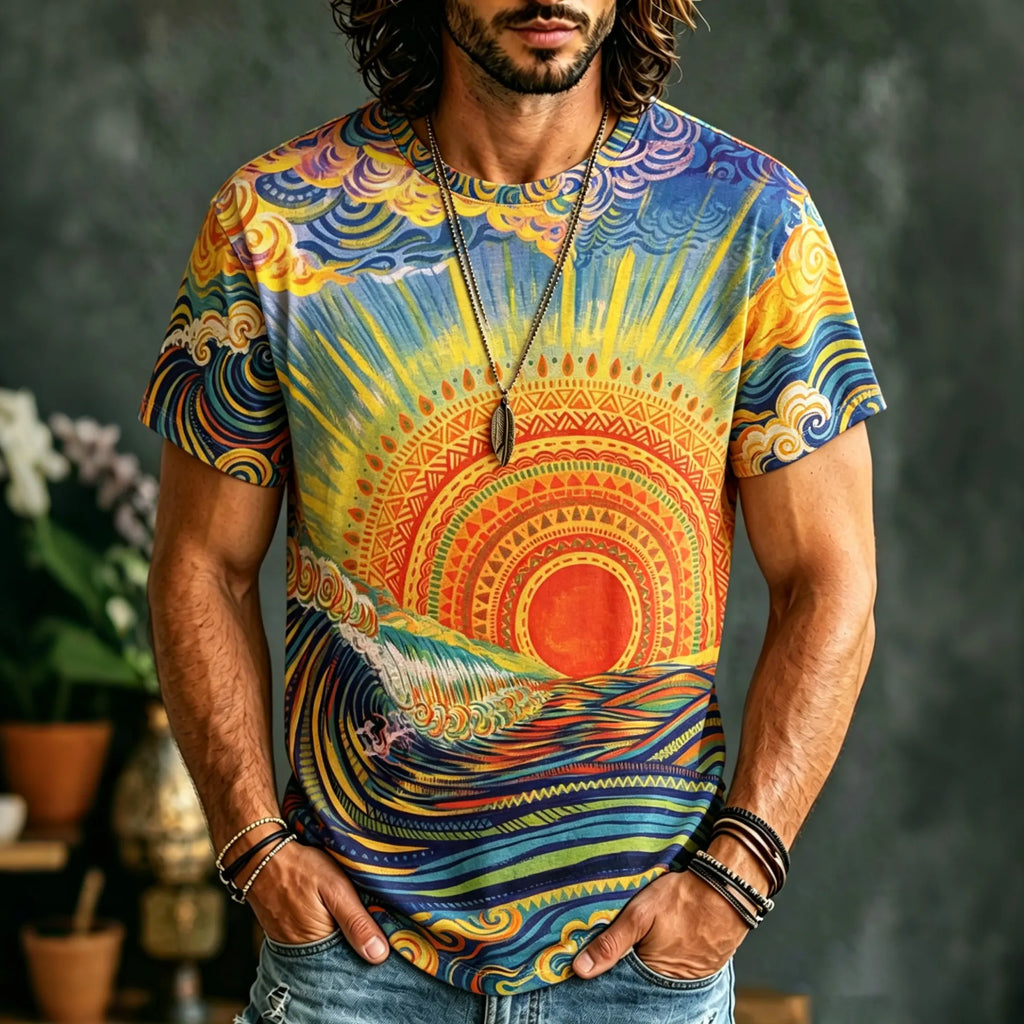 Men's Ethnic Sun And Wave Design T-shirt