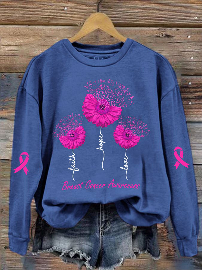 Women's Faith Hope Love Breast Cancer Awareness Daisy Print Crew Neck Sweatshirt