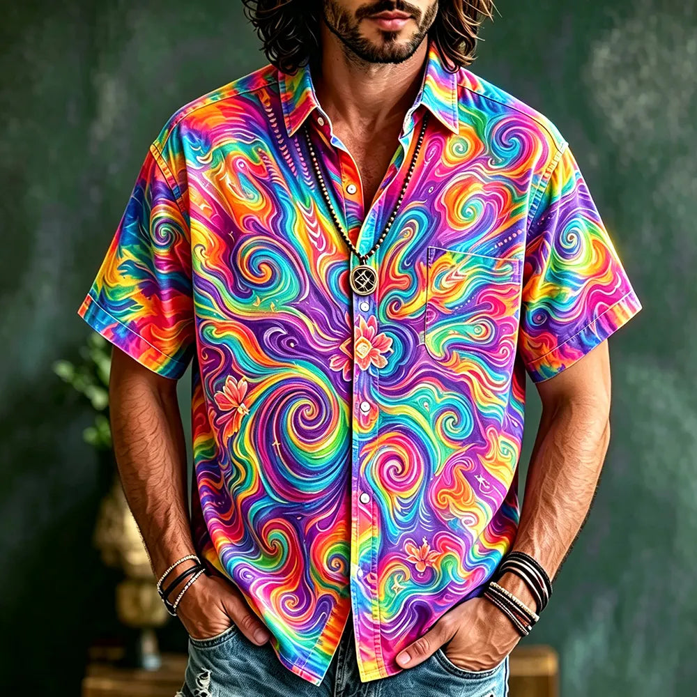 Men's Short-sleeve Button-down Shirt With Colorful Psychedelic Swirl And Liquid Art Print