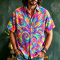 Men's Short-sleeve Button-down Shirt With Colorful Psychedelic Swirl And Liquid Art Print