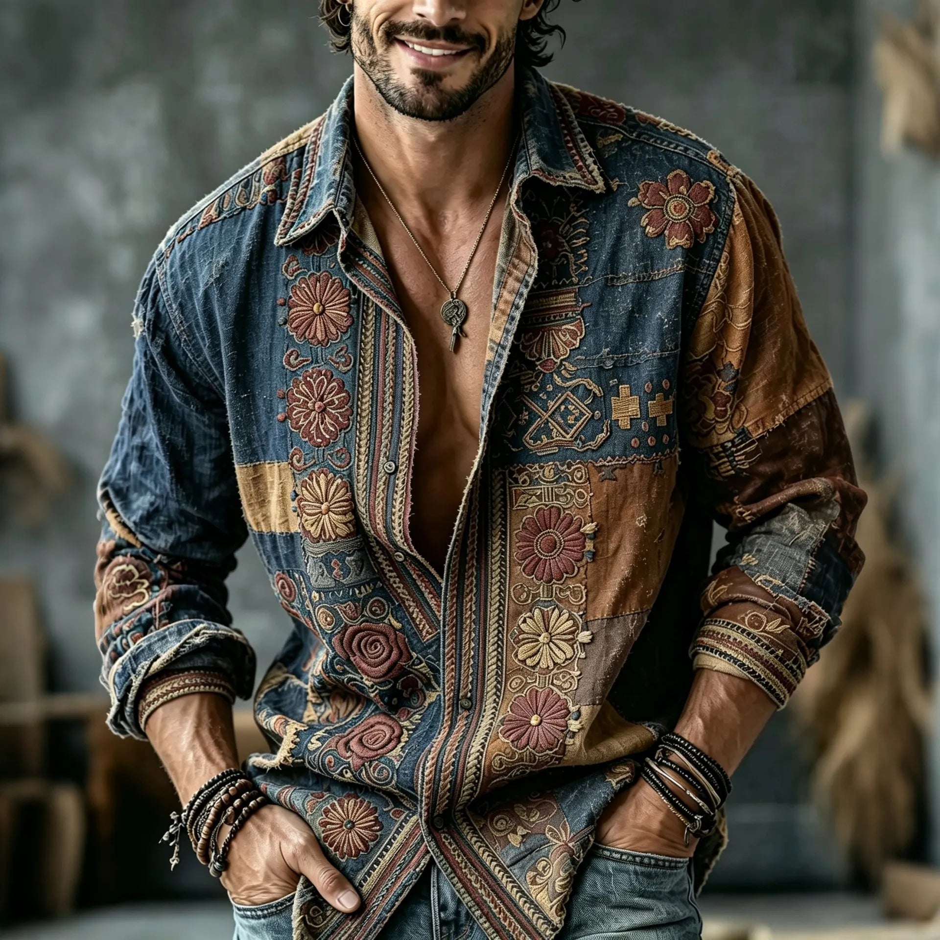 Men's Vintage Floral  Patchwork Embroidered Art Print Flowy Linen Blend Casual Shirt