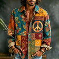 Men's Retro Hippie Style Peace Logo Floral Pattern Linen Blend Casual Long-sleeve Shirt
