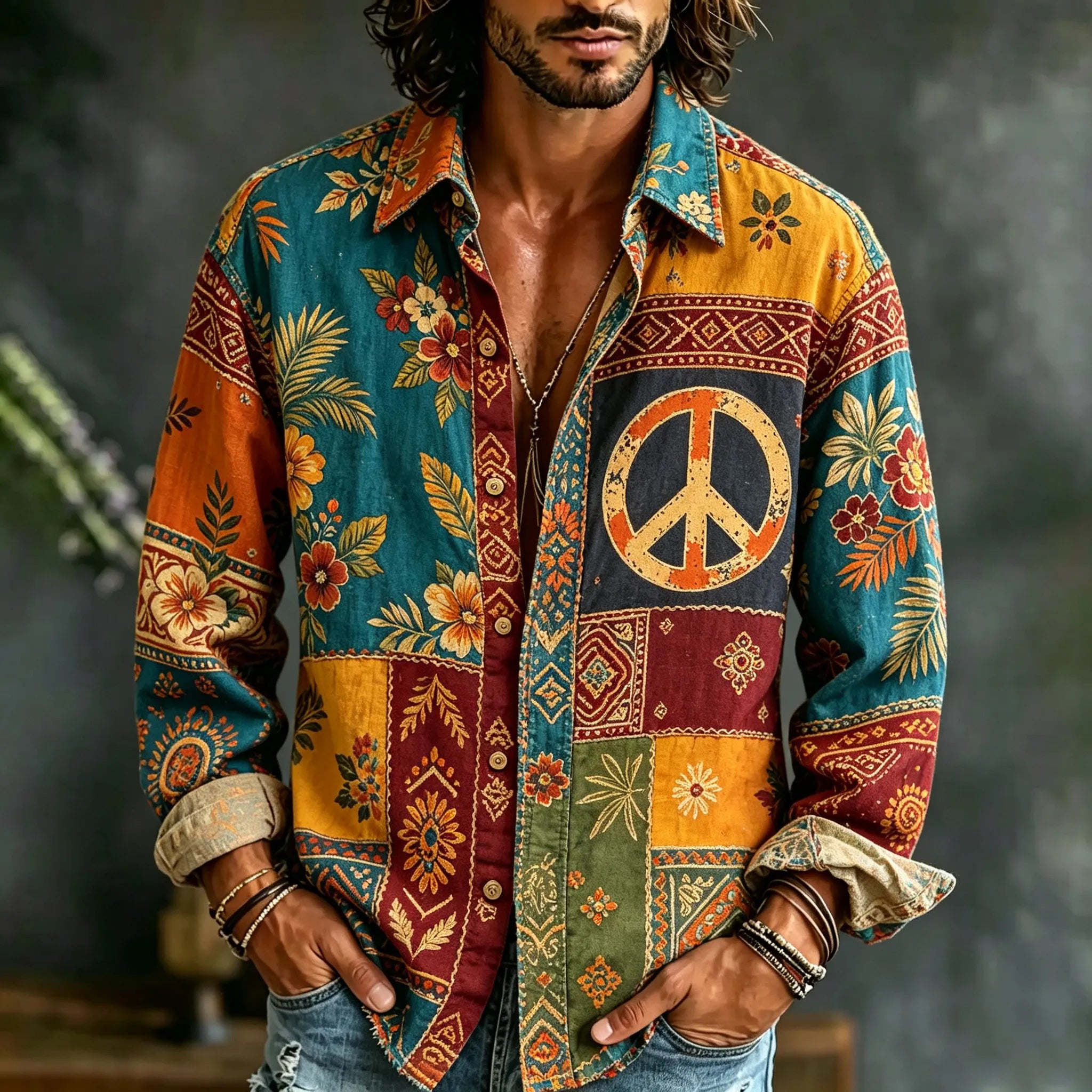 Men's Retro Hippie Style Peace Logo Floral Pattern Linen Blend Casual Long-sleeve Shirt