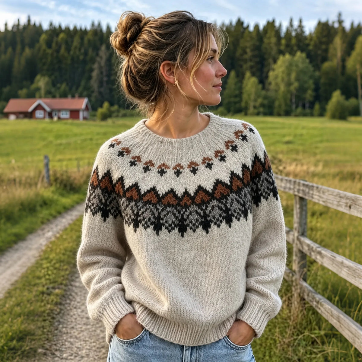 Women's Vintage Tree Motif Print Knitted Comfort Round Neck Sweater