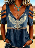 Women's Western Independence Day Eagle Printed Cold Shoulder T-shirt