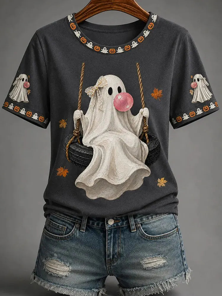 Women’s Fall Halloween Cute Bubble Gum Ghost On Swing Print Casual T-shirt