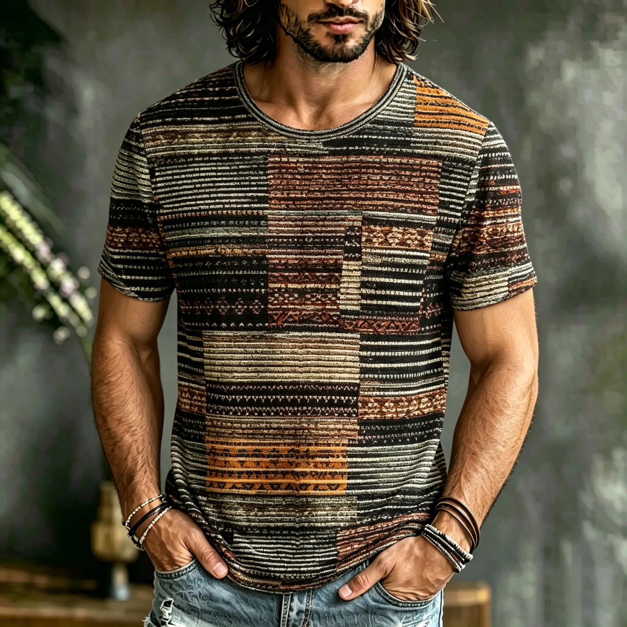 Men's Retro Geometric Striped Textured Art Print Casual T-shirt