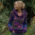 Women's Vintage Purple Rose Embroidered Knit Hooded Sweater