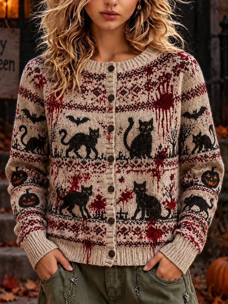 Women's Vintage Halloween Cardigan With Fair Isle-inspired Black Cat And Blood Splatter Pattern