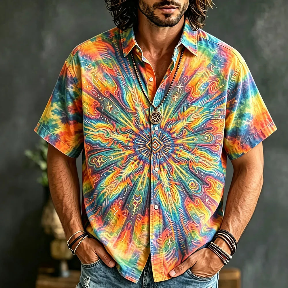 Men's Bohemian-style Tie-dye Short-sleeved Button-down Shirt, Decorated With Sunburst Mandala And Geometric Patterns.