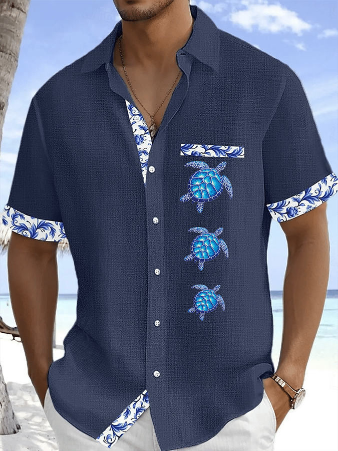 Men's Turtle Printed Casual Vacation Shirt (With Pockets)