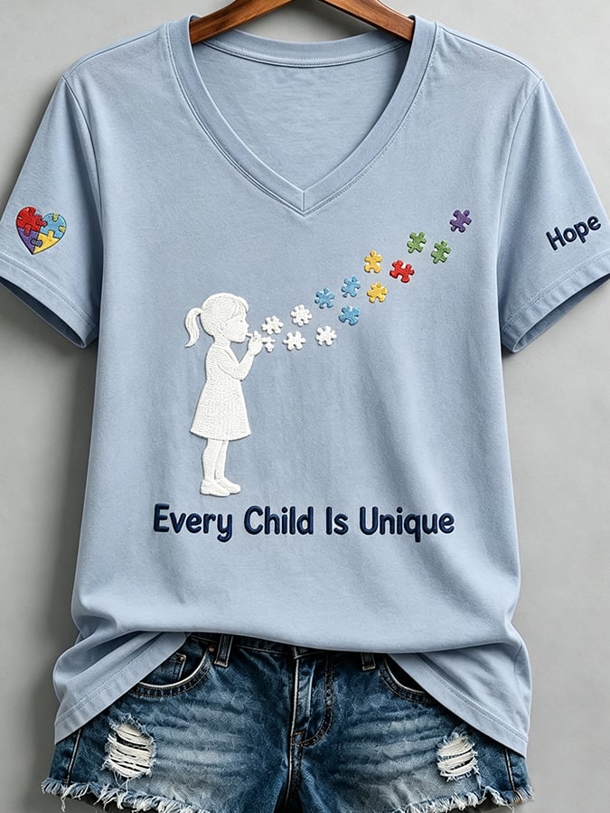 Women'S Casual V-Neck Top With Autism Awareness Print