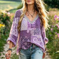 Women's Retro Resort Patchwork Floral Print Cotton Linen Top