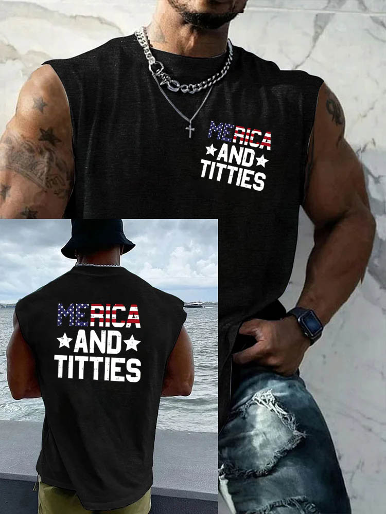Merica And Titties Pattern Round Neck 100% Cotton Tank Top