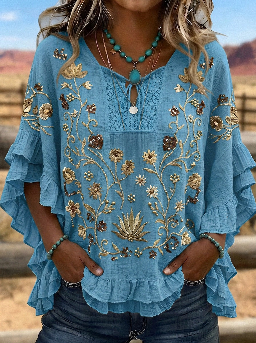 Women's Western Vintage Floral Embroidered Ruffle Sleeve Top