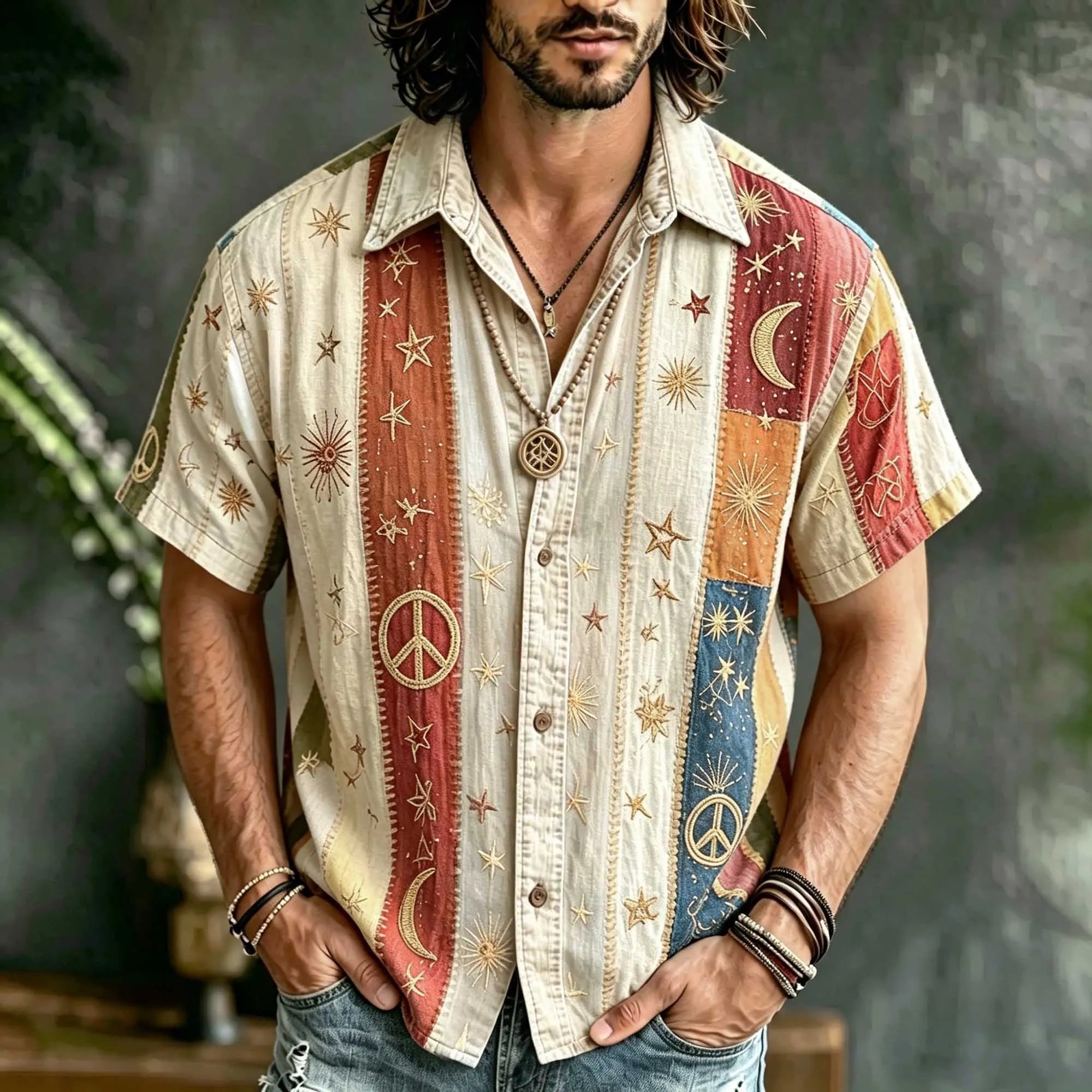 Vintage Hippie Stripe Patchwork Linen Shirt, 3d Embroidery Star & Crescent Casual Summer Short Sleeve Top