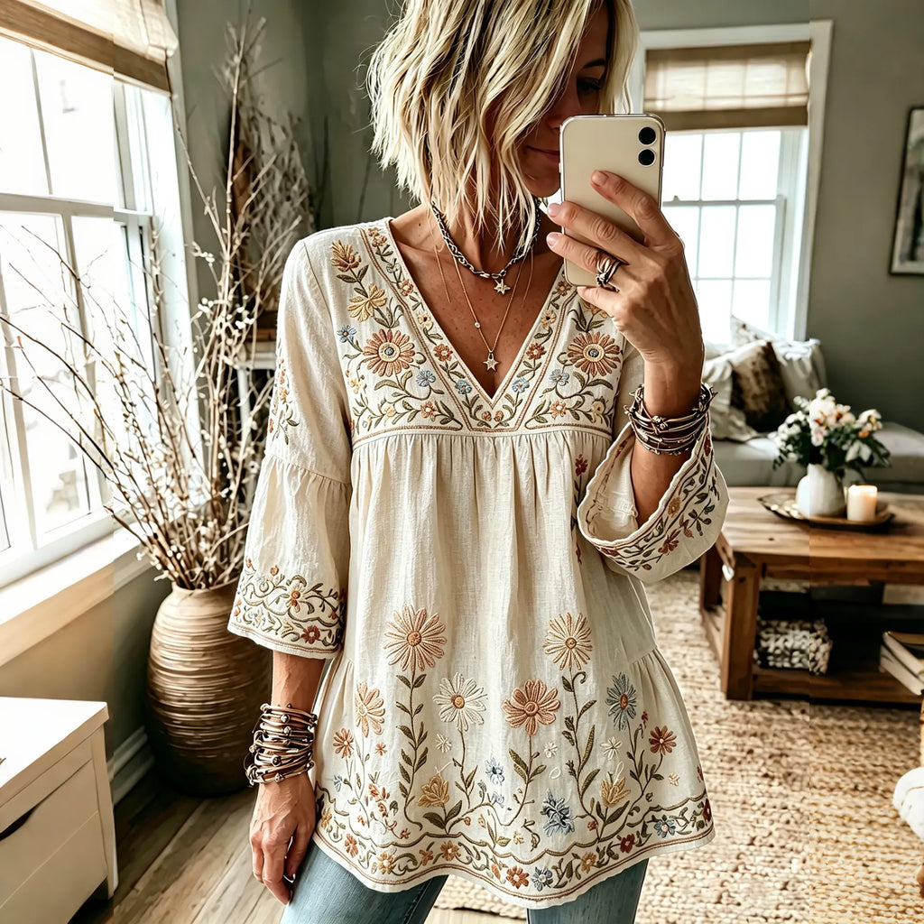 Women's Retro Hippie Floral And Dragonfly Art Flowy Linen Blend Three Quarter Sleeves T-shirt