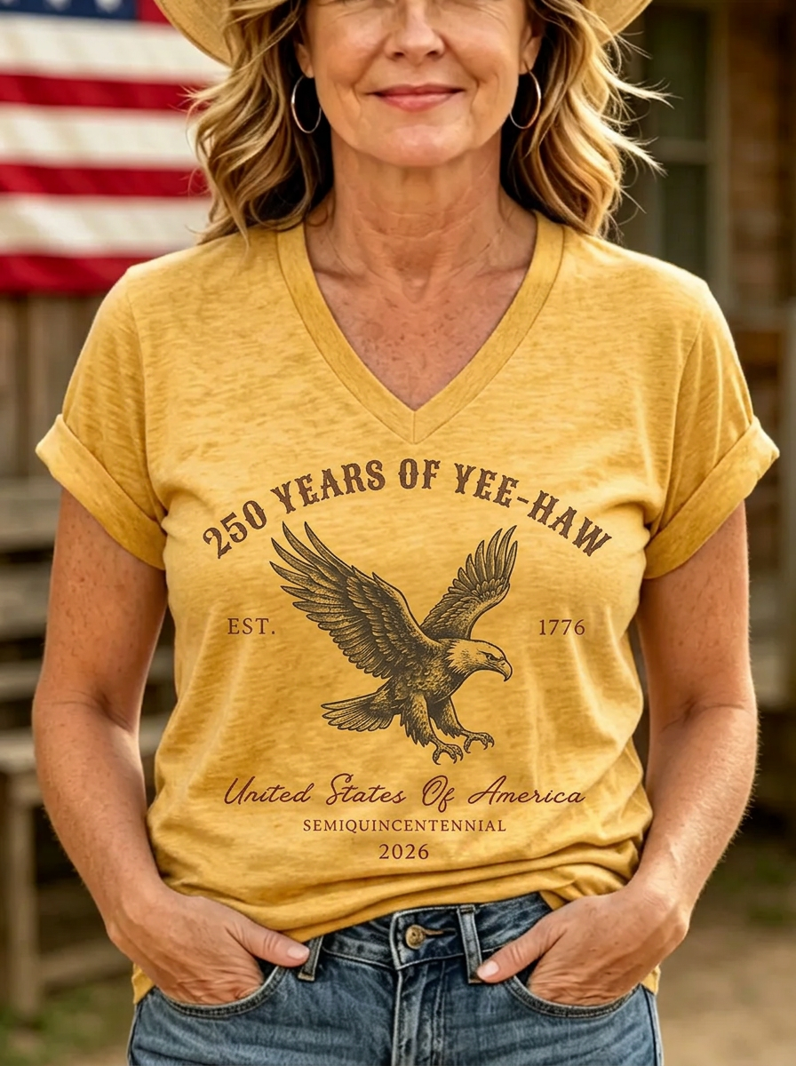 Women's Western 4th of July Eagle Yee-Haw Printed T-shirt