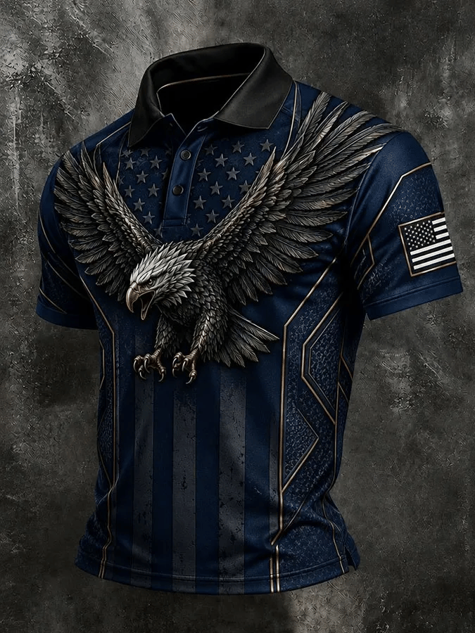 Men'S Retro Independence Day Flag Printed Short Sleeved Polo Shirt